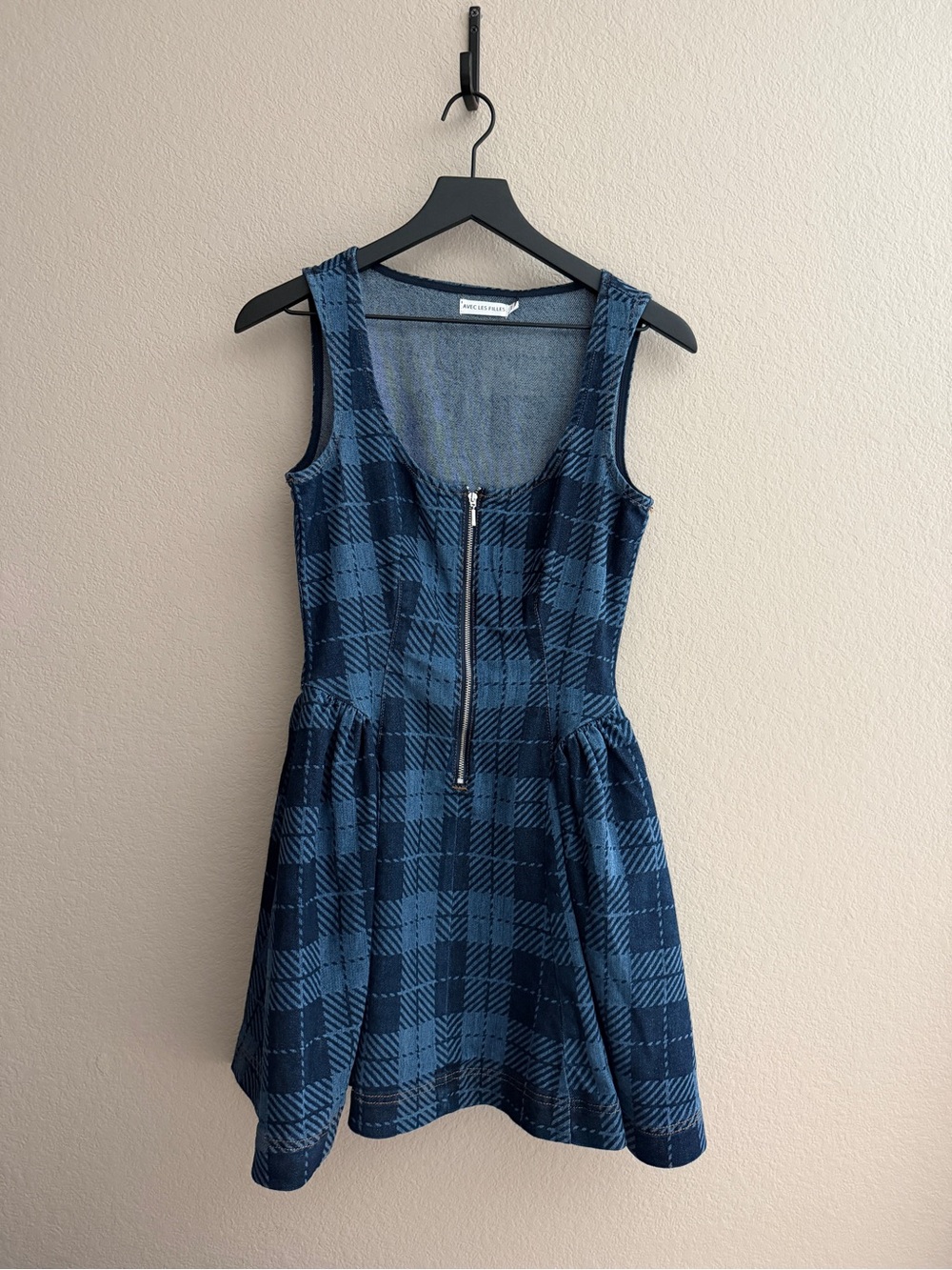 Avec Les Filles Blue Plaid Sleeveless Zip Dress